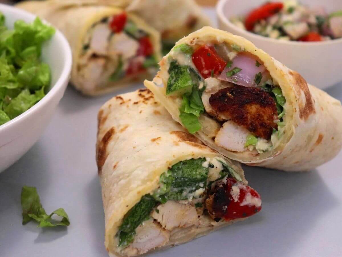 close-up of mediterranean chicken wrap.
