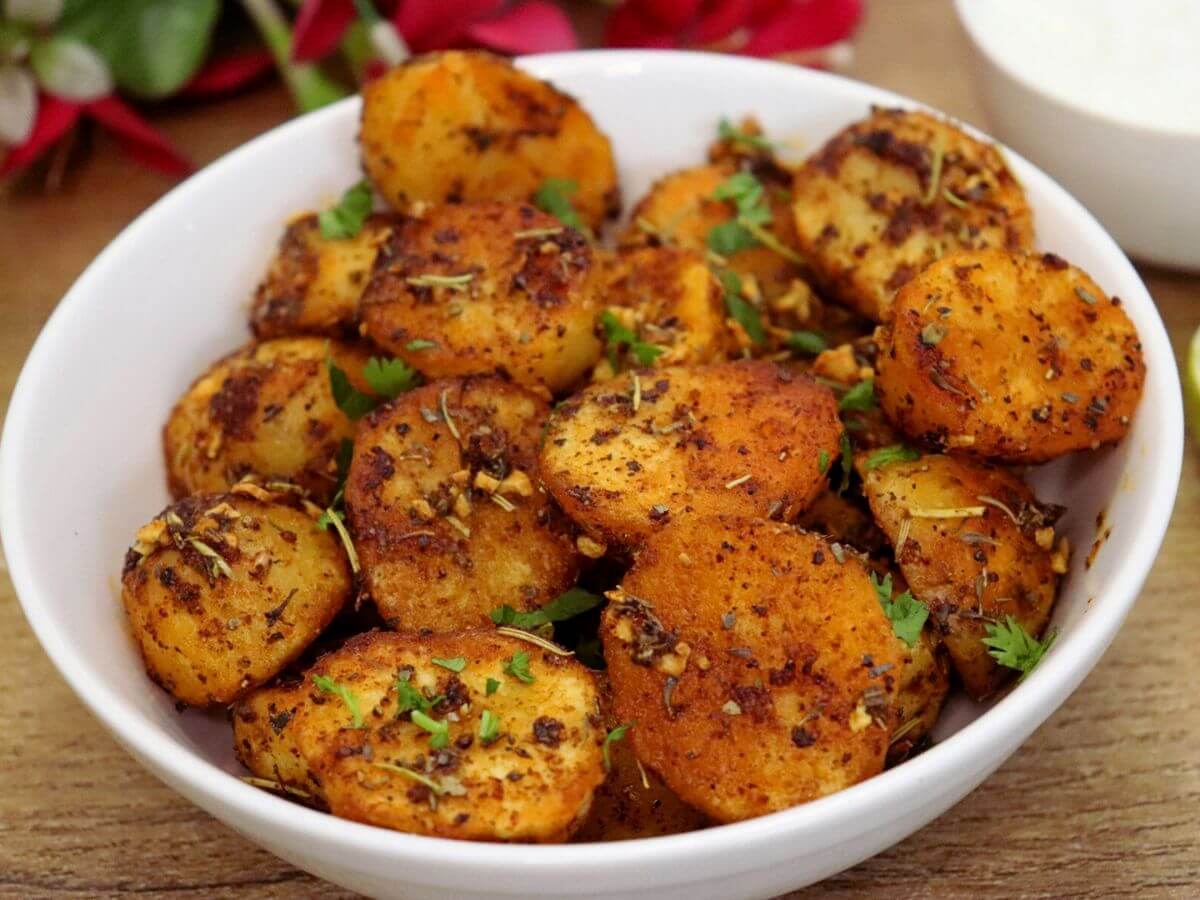 close-up of mediterranean potatoes in a bowl.