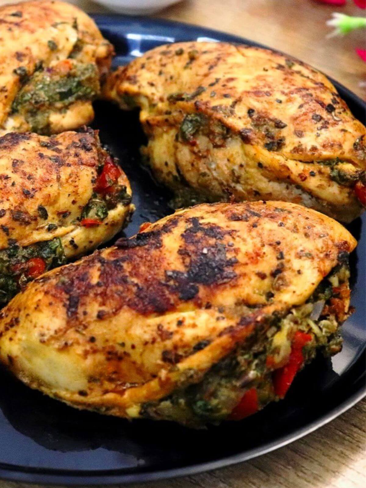 close-up of mediterranean stuffed chicken breasts.