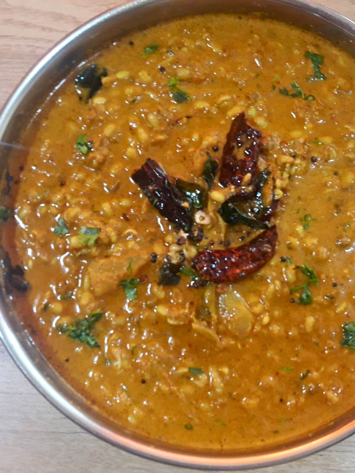 close-up of moong-curry in a kadhai.