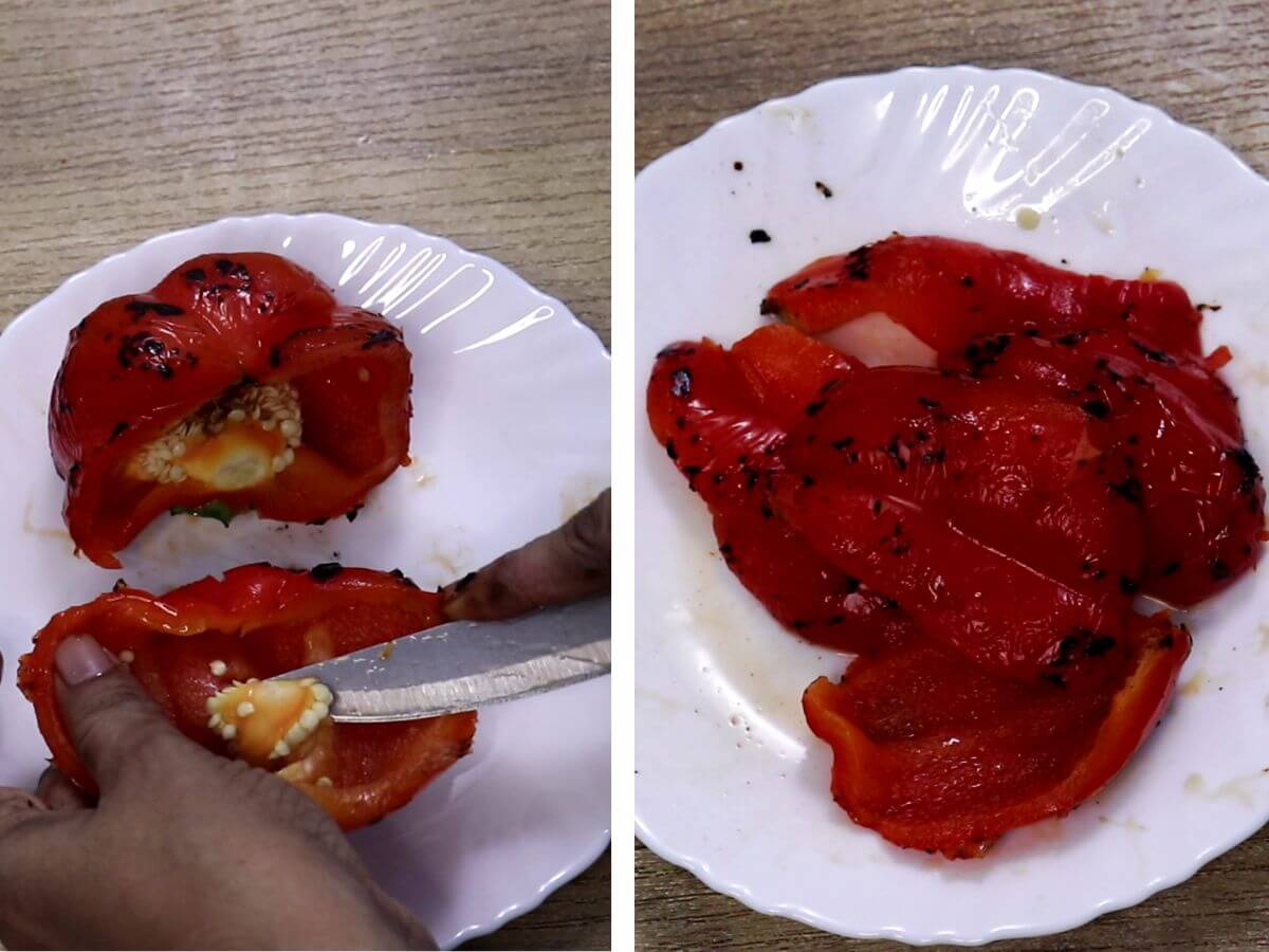 A collage of two images. The first shows a knife removing seeds and discarding the stem from a roasted bell pepper. The second shows the deseeded and destemmed bell pepper, now cut into pieces.