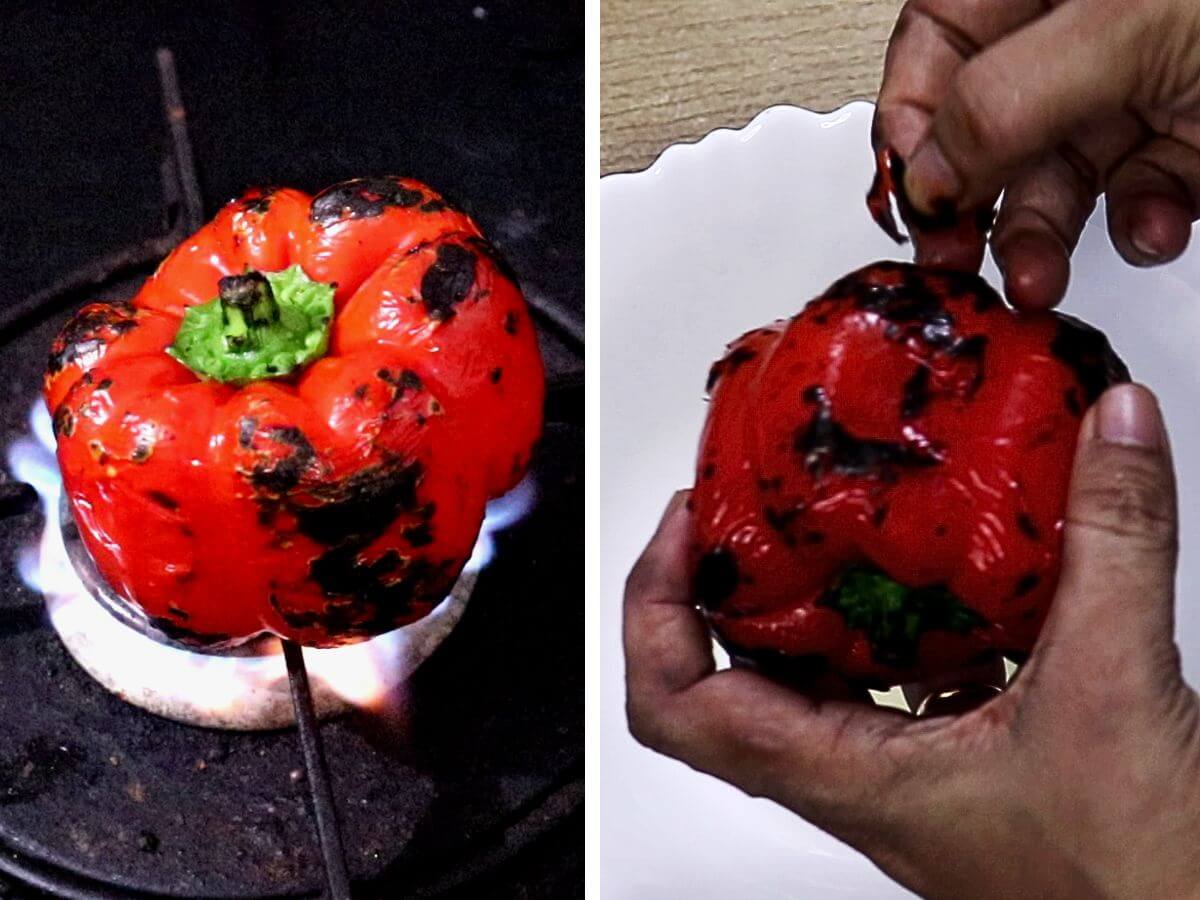 Collage of two images showing roasting red peppers over an open flame and removing their charred skin.