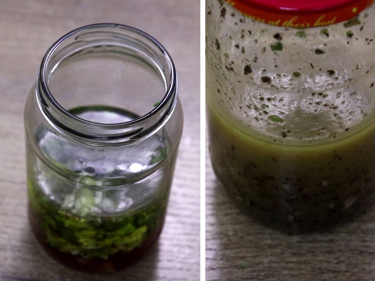 collage of 2 images showing mediterranean salad dressing ingredients in a mason jar.