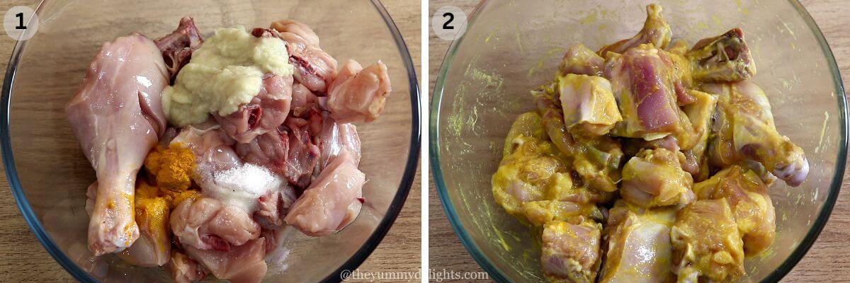 collage image of 2 steps showing andhra chicken fry marination. It shows raw chicken with spices in a bowl and mixed chicken with spices in another bowl.