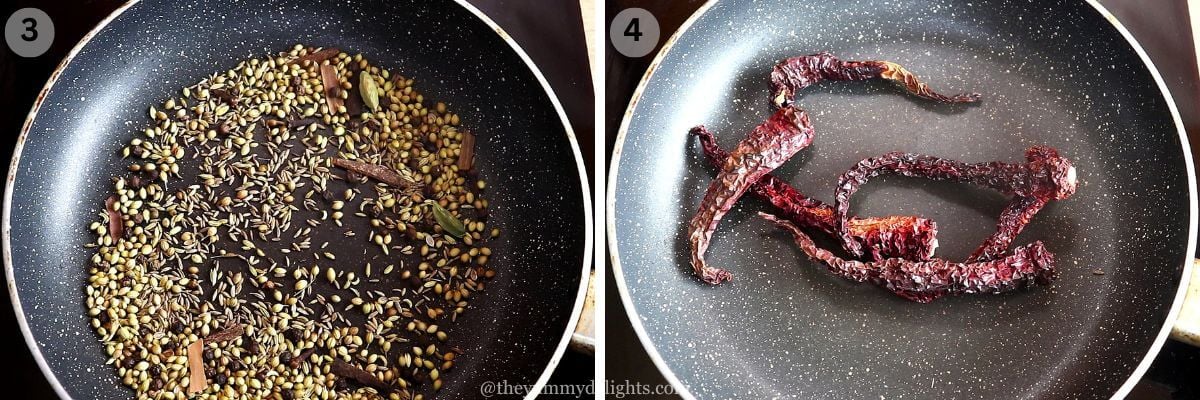collage image of 2 steps showing roasting the spices and dry red chilies.