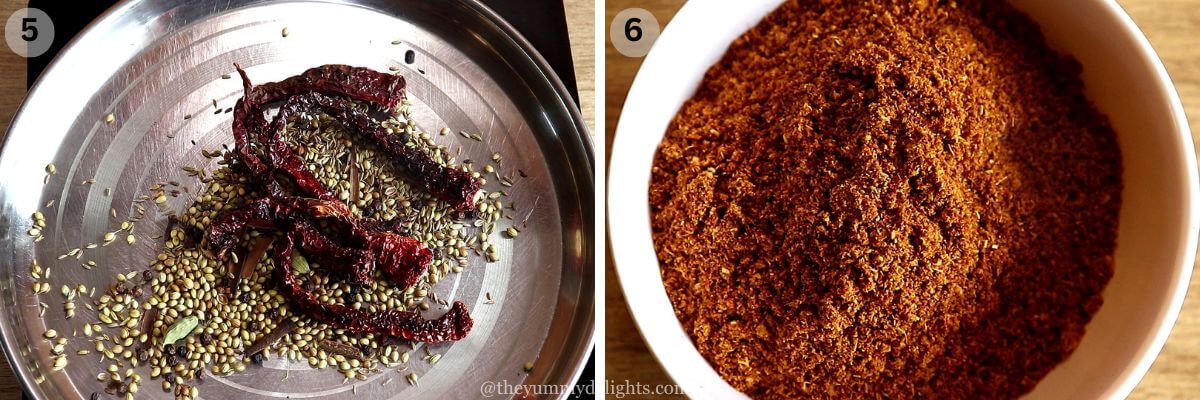 collage image of 2 steps showing roasted spices to make Andhra chicken fry masala in a plate and ground spices or garam masala powder in another bowl.