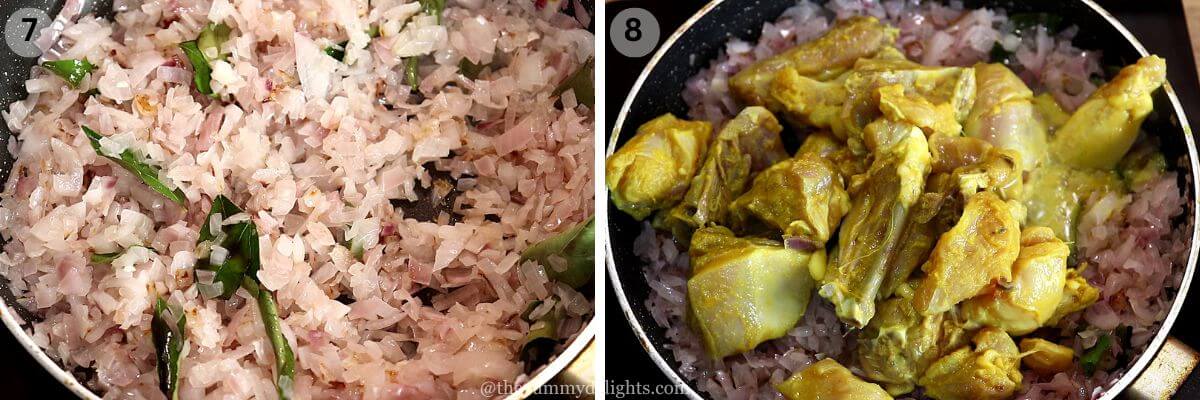 collage image of 2 steps showing sauteing onions and addition of marinated chicken to the pan.