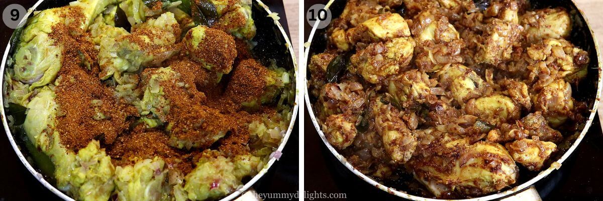 collage image of 2 steps showing addition of spice powder to the pan and stir-frying the chicken with masala.