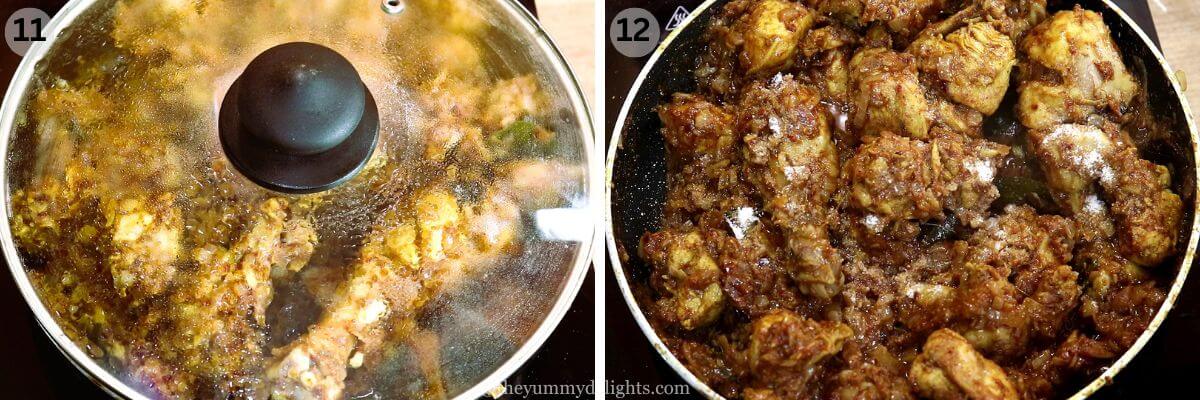 collage image of 2 steps showing cooking the chicken and addition of salt to it.