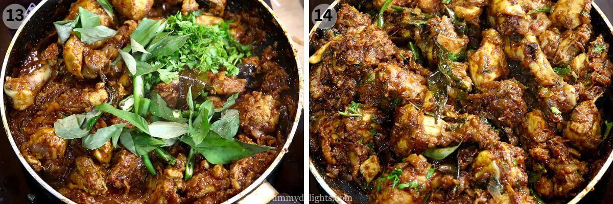 collage image of 2 steps showing addition of curry leaves, green chilies, and coriander leaves.