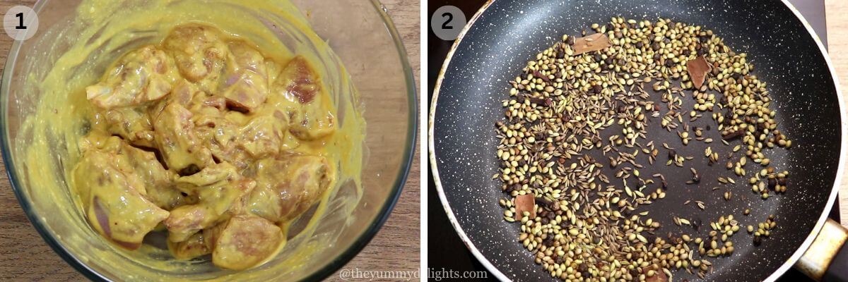 collage image of 2 steps showing preparations for chicken ghee roast. It shows marinating chicken and roasting whole spices.