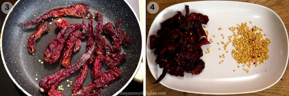 collage image of 2 steps showing roasting byadgi red chilies and deseeding them to make ghee roast.