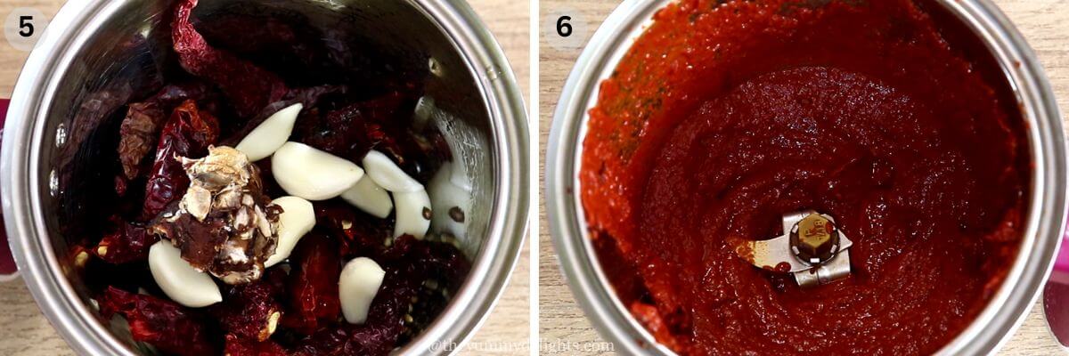 collage image of 2 steps showing grinding the ghee roast masala.
