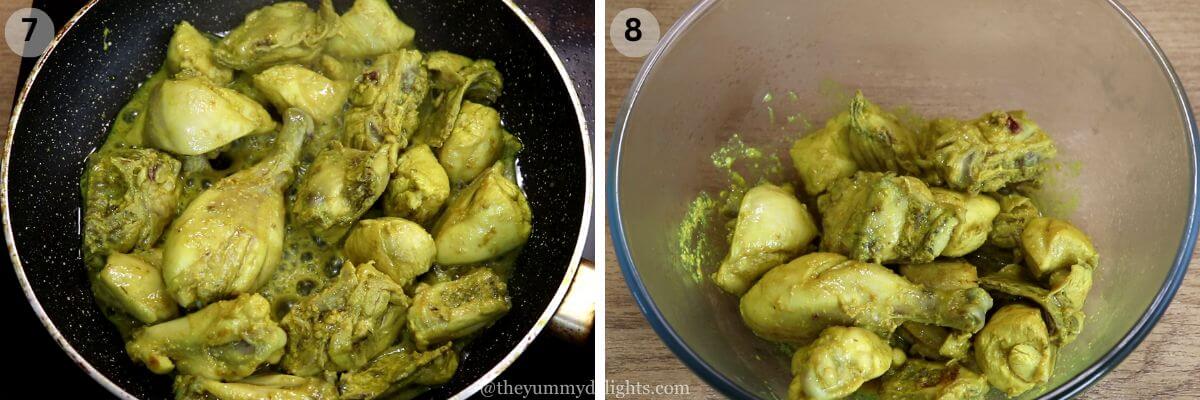 collage image of 2 steps showing stir frying the chicken and removing it to a bowl.