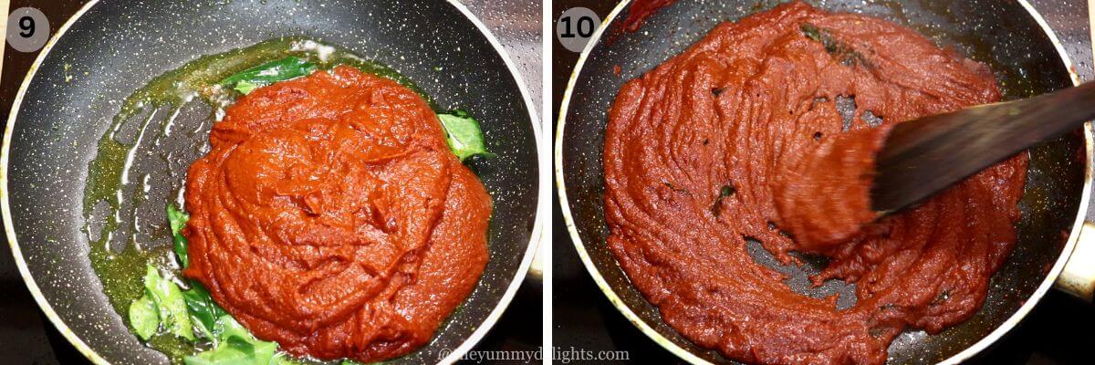 collage image of 2 steps showing slow roasting the ghee roast masala.