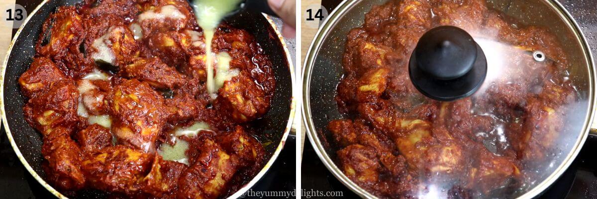 collage image of 2 steps showing addition of ghee to the chicken and cooking it with ghee roast masala.