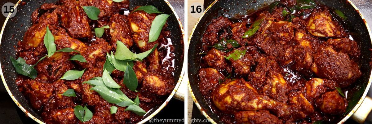 Collage showing two steps of chicken ghee roast, adding curry leaves and jaggery, and the cooked dish ready to serve.