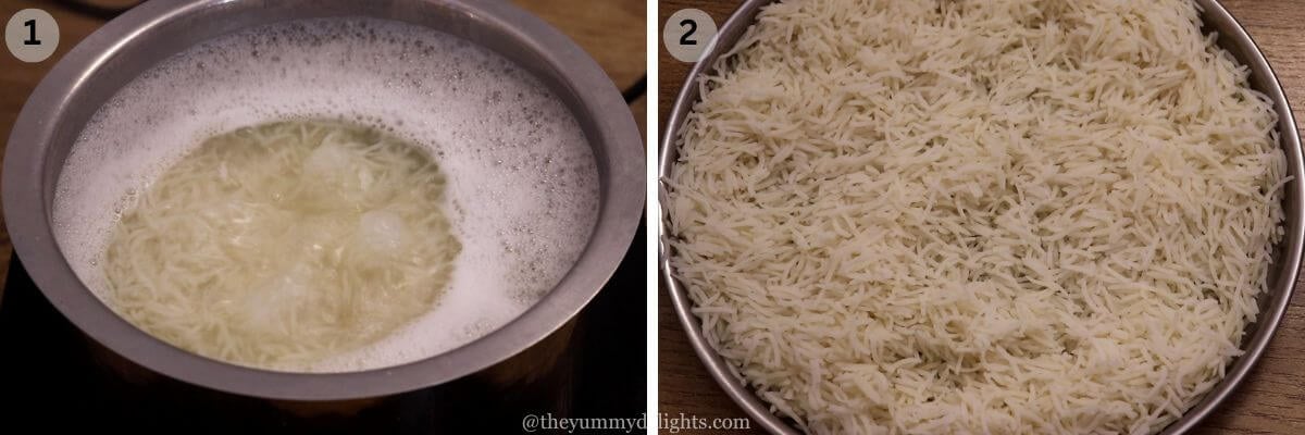 collage image of 2 steps showing cooking rice & cooling it to make schezwan fried rice.