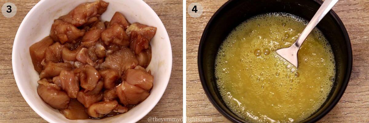 collage image of 2 steps showing marinating chicken and whisking eggs for fried rice.