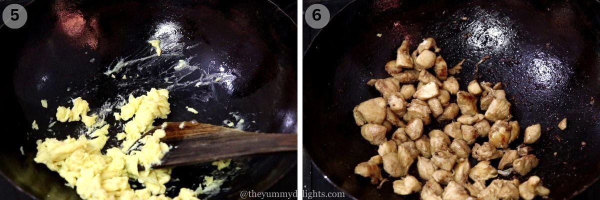 collage image of 2 steps showing making scrambled eggs and stir-frying chicken for fried rice recipe.