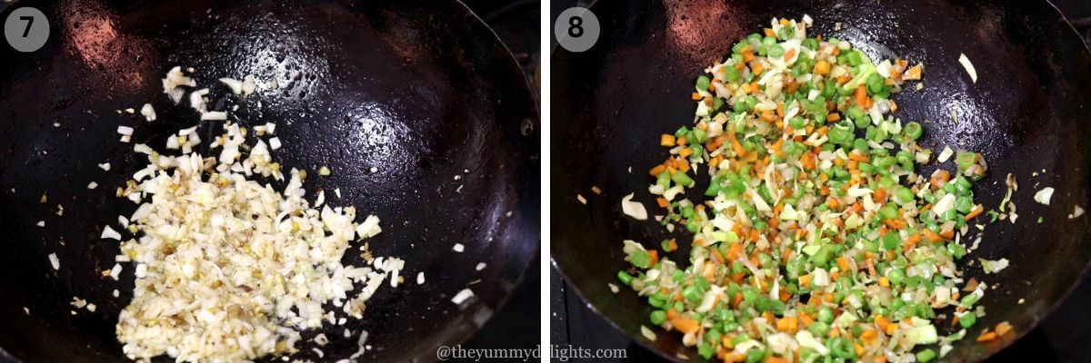 collage image of 2 steps showing stir-frying aromatics and vegetables.