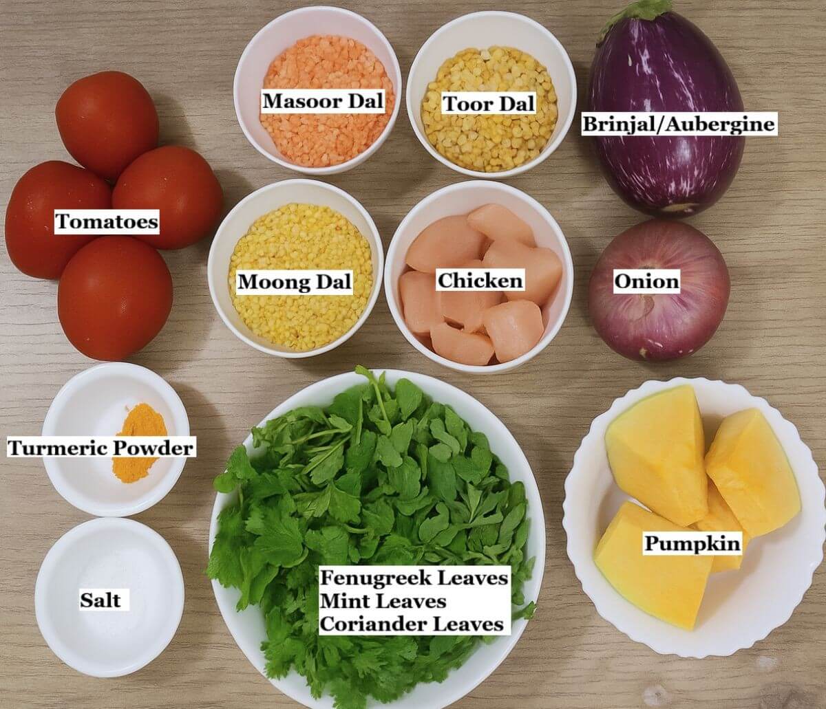 individually labeled ingredients to make chicken dhansak are laid out on a table.