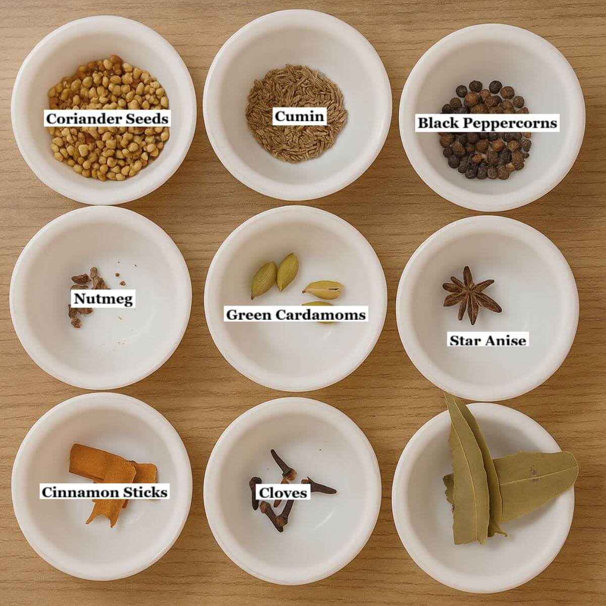 individually labeled spices to make chicken dhansak masala are laid out on a table.