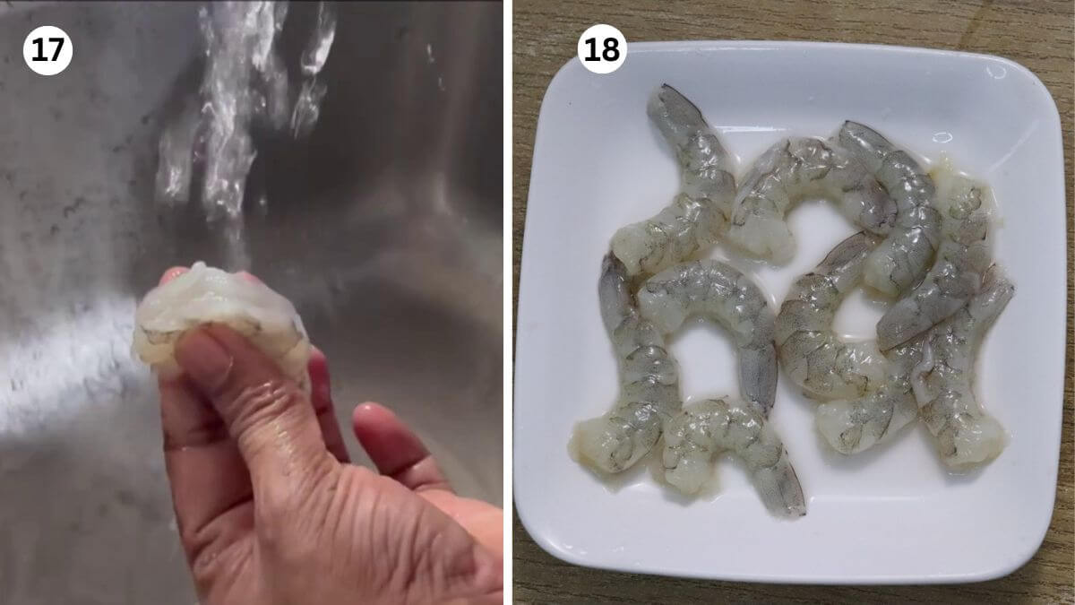 collage image of 2 steps showing cleaning prawns under running water.