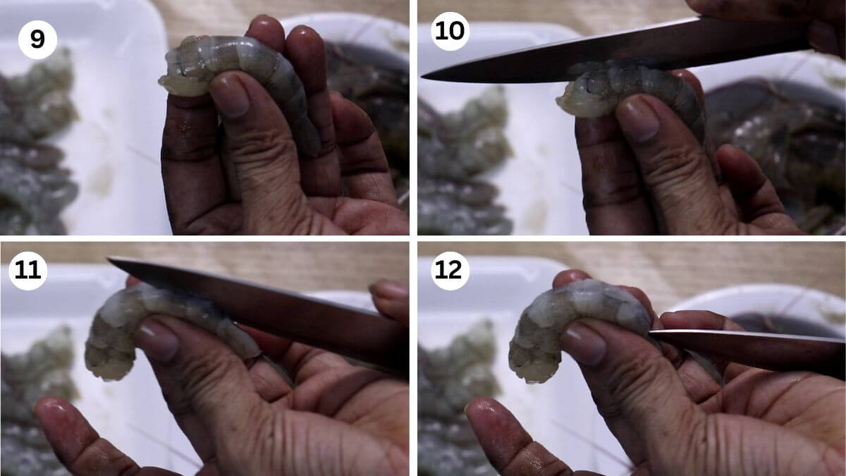 collage image of 4 steps showing deveining the prawns. It shows making a shallow cut on the back of prawns to remove the vein.
