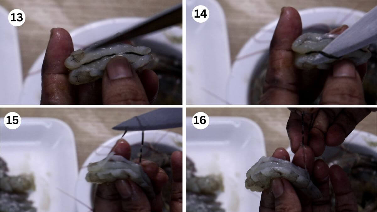 collage image of 2 steps showing removing the vein with knife and discarding it.
