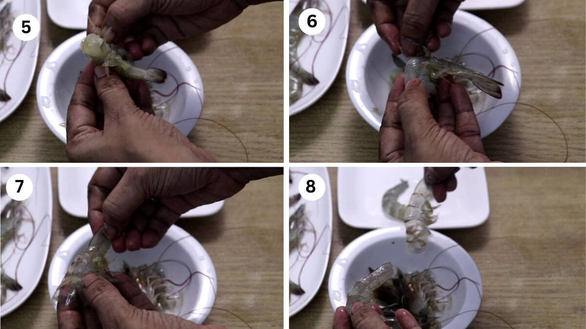 collage image of 4 steps showing peeling the prawns.