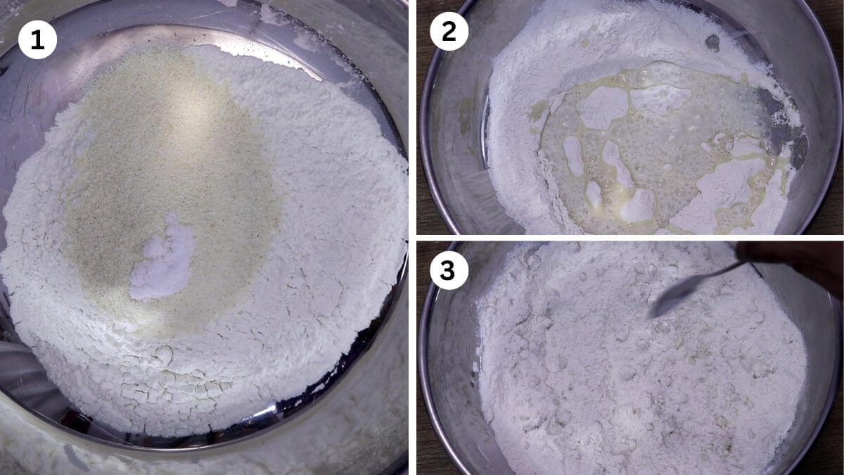 collage image of 3 steps showing how to make nevri dough.