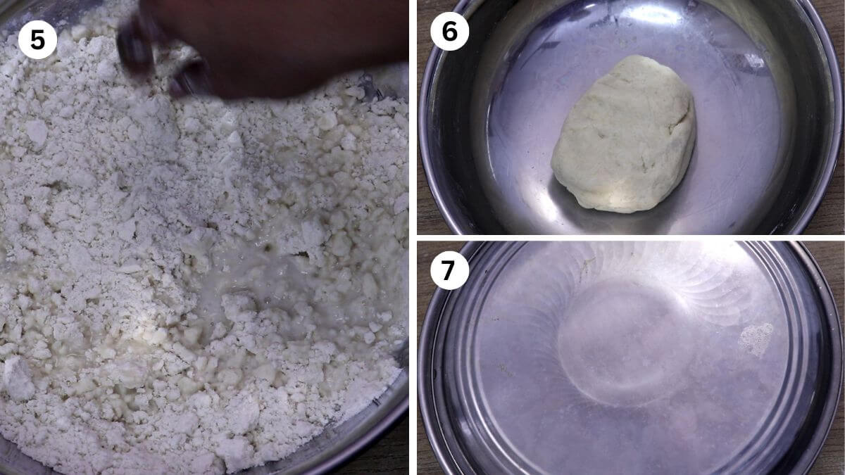 collage image of 3 steps showing kneading nevri dough.