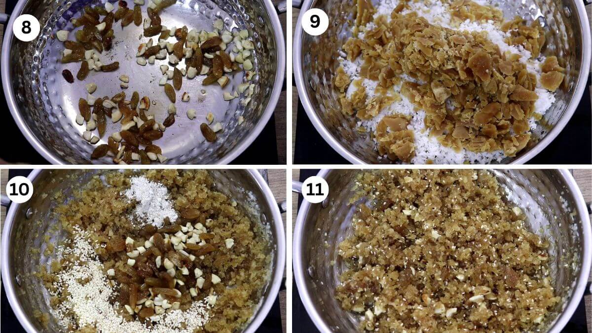 collage image of 4 steps showing how to make nevri stuffing.