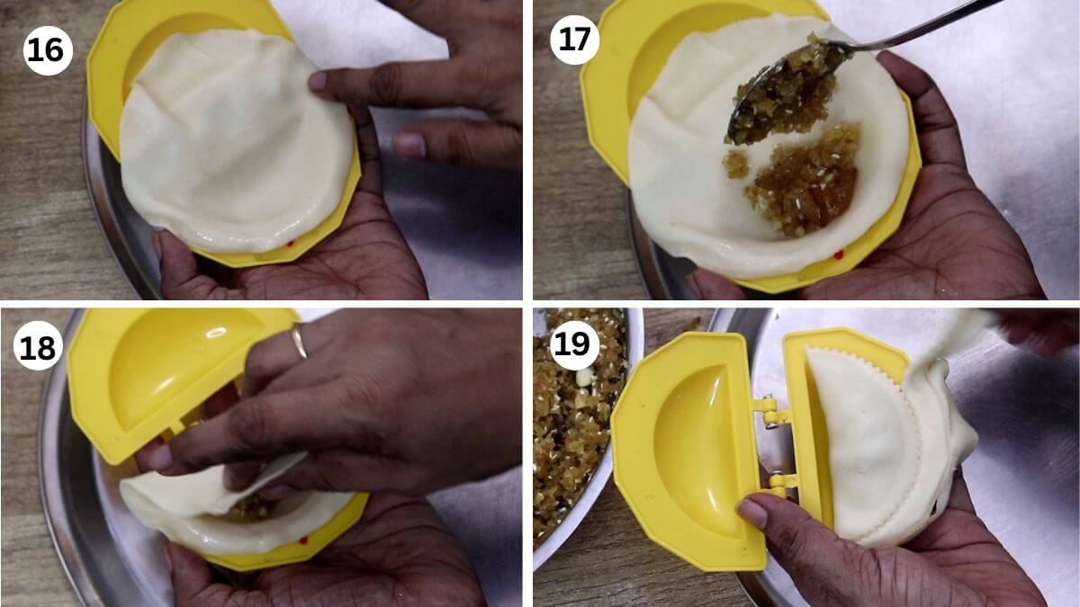 collage image of 4 steps showing how to stuff and shape nevris.