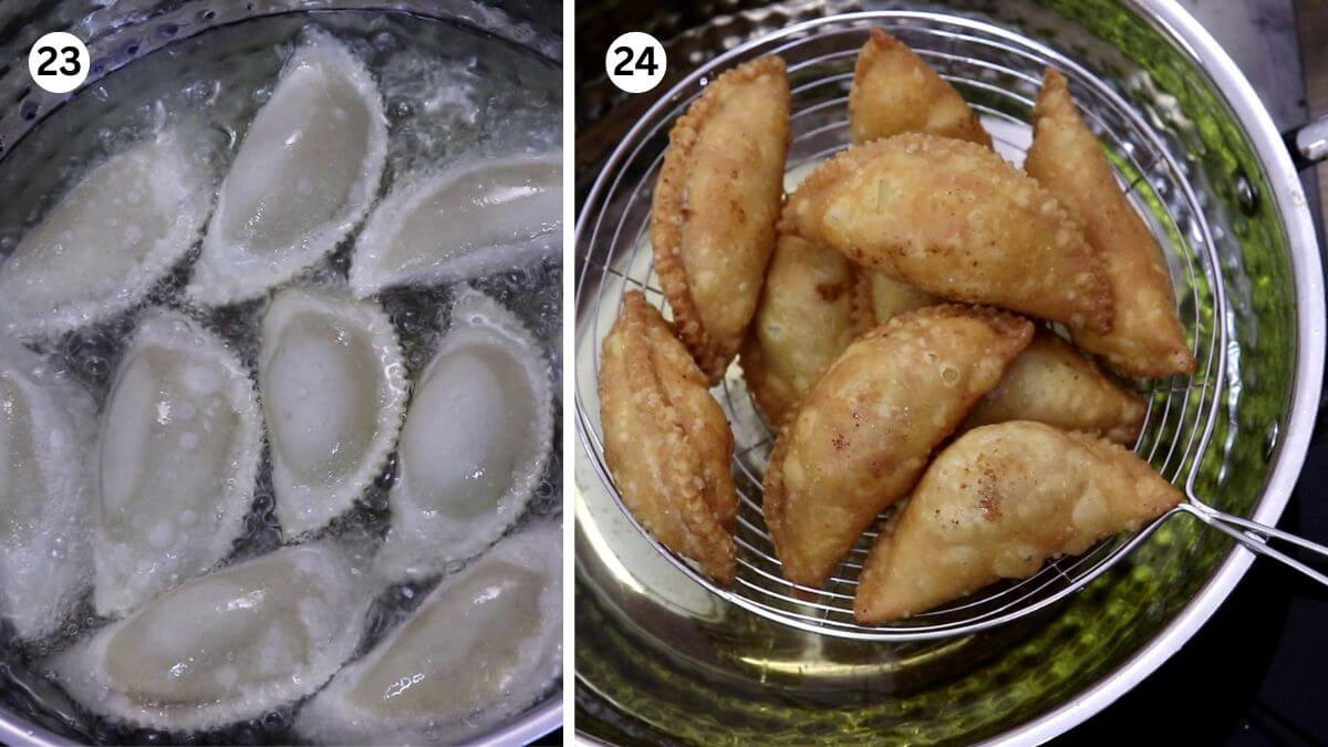 collage image of 2 steps showing frying goan nevris.