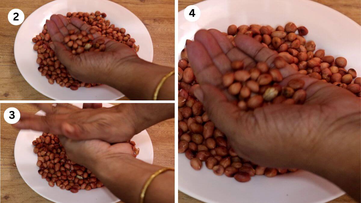 collage image of 3 steps showing rubbing peanuts between palms to remove skin.