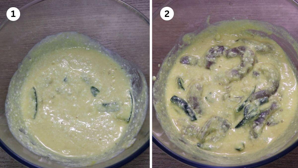 collage image of 2 steps showing mairnating prawns to make prawn biryani recipe.
