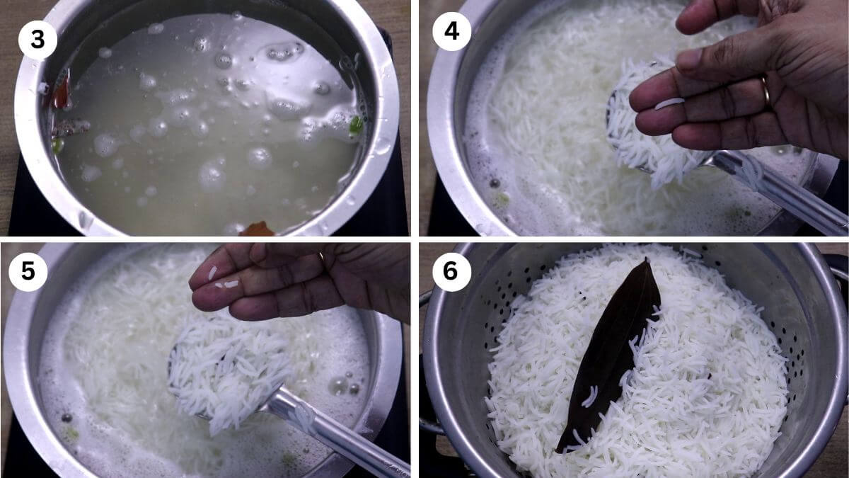 collage image of 4 steps showing how to cook rice for prawn biryani.