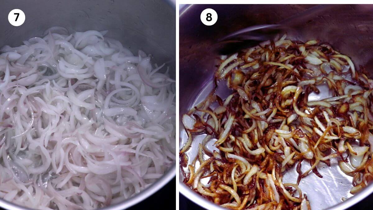 collage image of 2 steps showing frying onions for prawn dum biryani.
