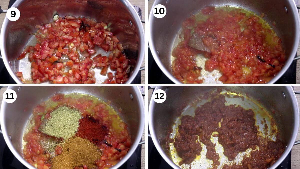 collage image of 4 steps showing making prawn masala for biryani.