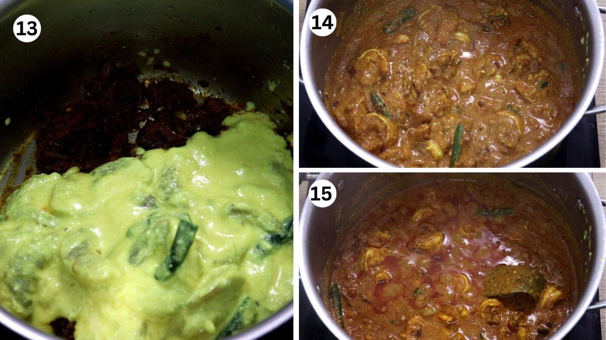 collage image of 3 steps showing cooking prawns for biryani.
