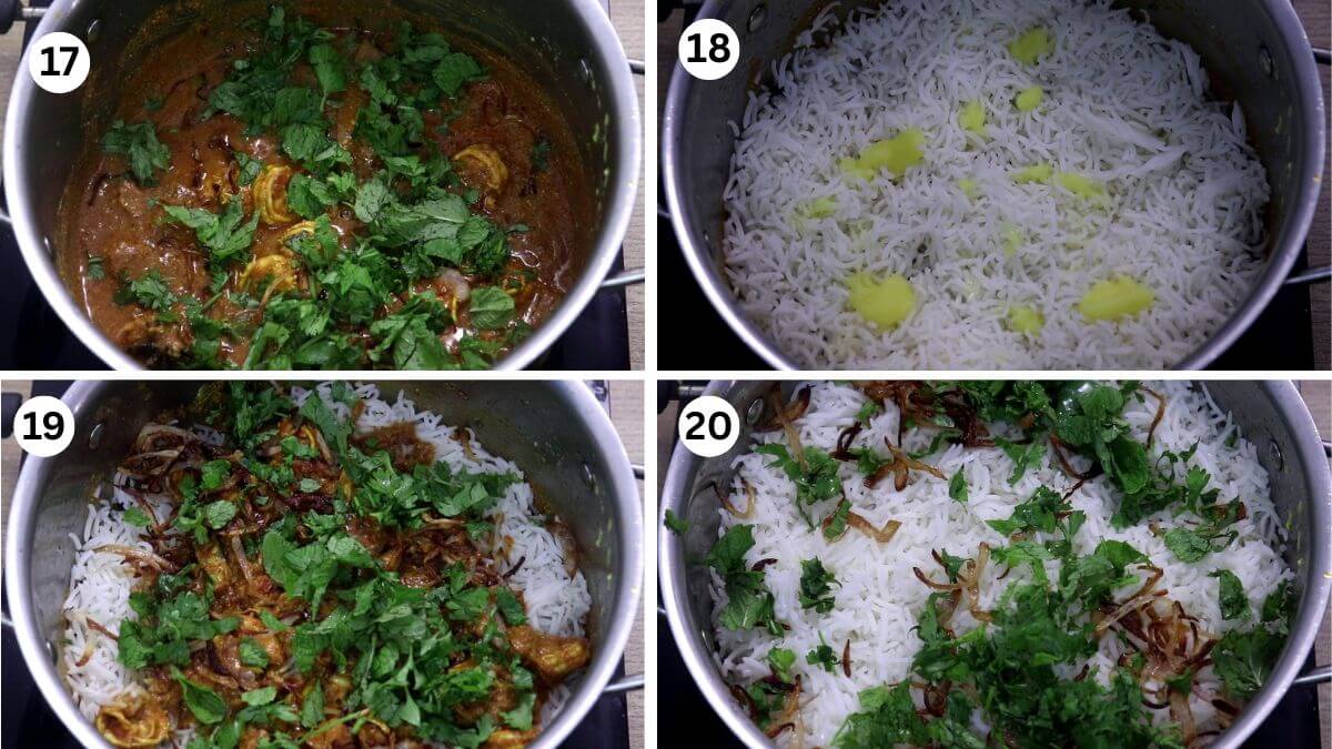 collage image of 4 steps showing layering prawn briyani. It shows addition of coriander, mint leaves and layering rice.