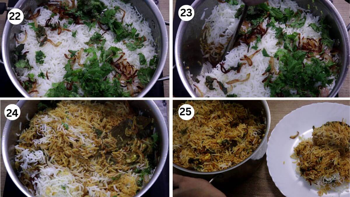 collage image of 4 steps showing cooked prawn biryani and serving it.