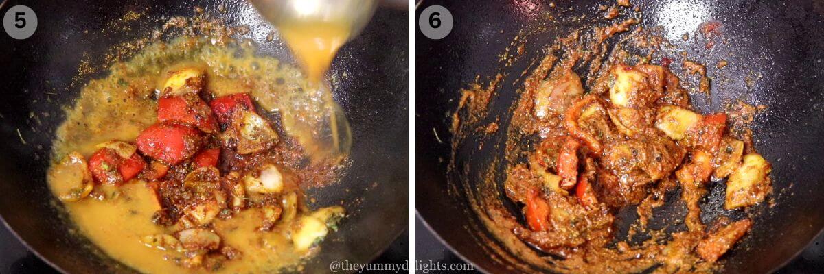 collage image of 2 steps showing addition of curry base to the kadhai and cooking until oil releases from it.