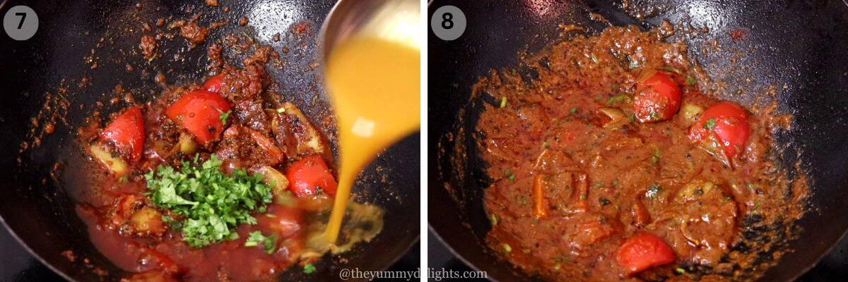 collage image of 2 steps showing addition of tomato sauce, coriander stalks and curry base sauce and cooking them.
