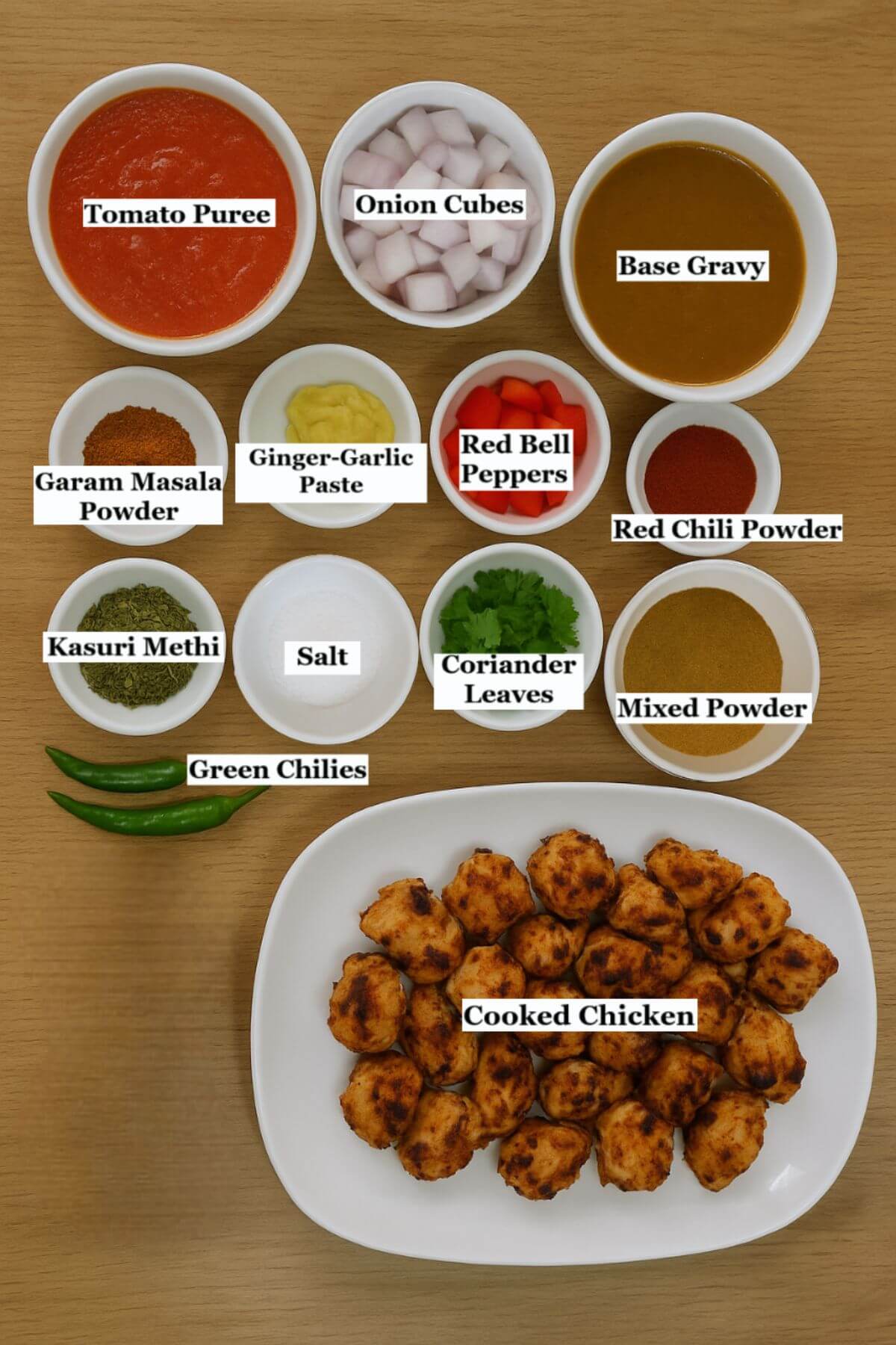 individually labeled ingredients to make restaurant style chicken jalfrezi are laid out on a table.