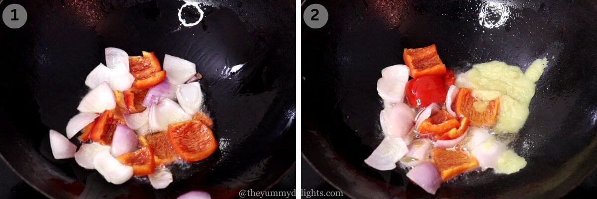 collage image of 2 steps showing sauteing bell peppers and onion cubes, addition of ginger-garlic paste.