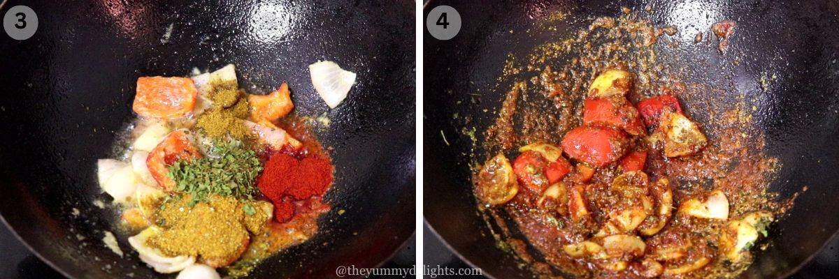 collage image of 2 steps showing addition of spice powders and cooking restaurant style jalfrezi curry.
