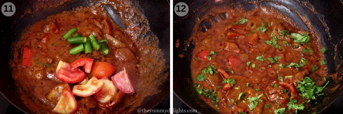 collage image of 2 steps showing addition of chilies and chopped tomatoes and cooking them.